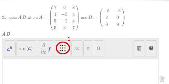 Image of a question that requires a matrix as solution.  The question editor appear below the question.