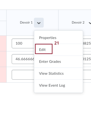 Screenshot of the drop down menu produced by the down
       arrow beside the title of a column in the gradebook on
       BrightSpace