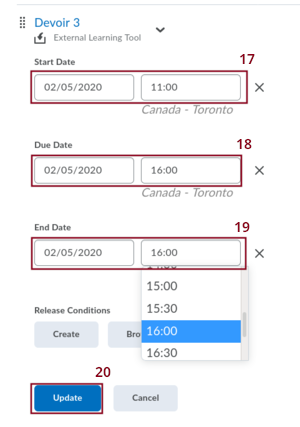 Screenshot of the extended form associated to the item
	      Edit Properties In-place with the starting and due dates
	      and times