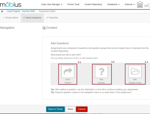 Screenshot of the second tab to select the questions