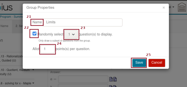 Screenshot of the popup window with the form to format the
	    group of questions