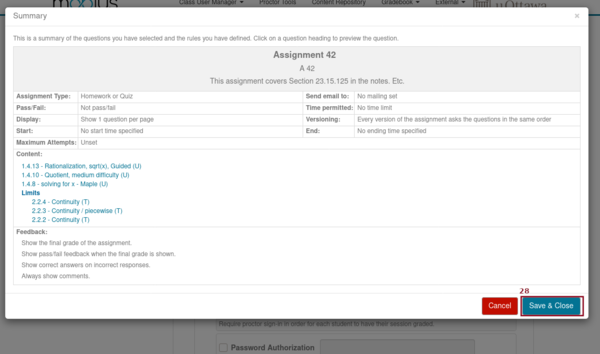 Screenshot of the popup window with a summary of the assignment