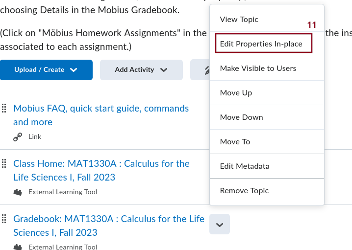 Screenshot of the module with the item Gradebook MAT...