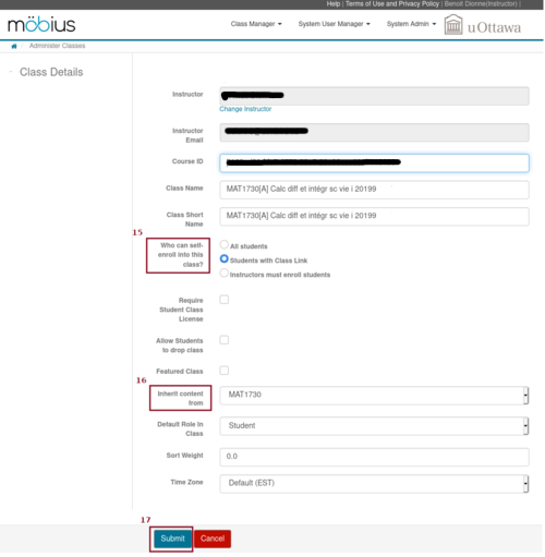 Screenshot of the form to create a course on Möbius